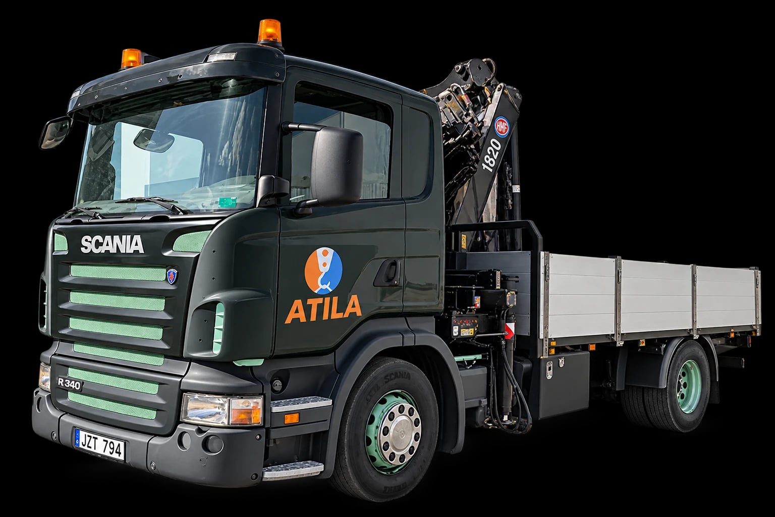 Žalias ATILA Scania R340 su HMF 1820 manipuliatoriumi